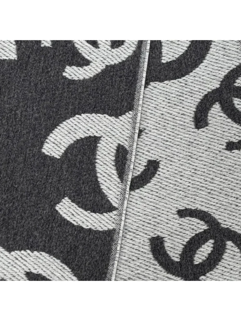 Chanel Wool Cashmere Blend CC Logo Scarf Shawl with Fringe Gray